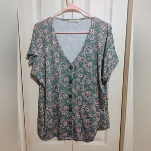 Relaxed Green and Pink Floral Button Down Blouse